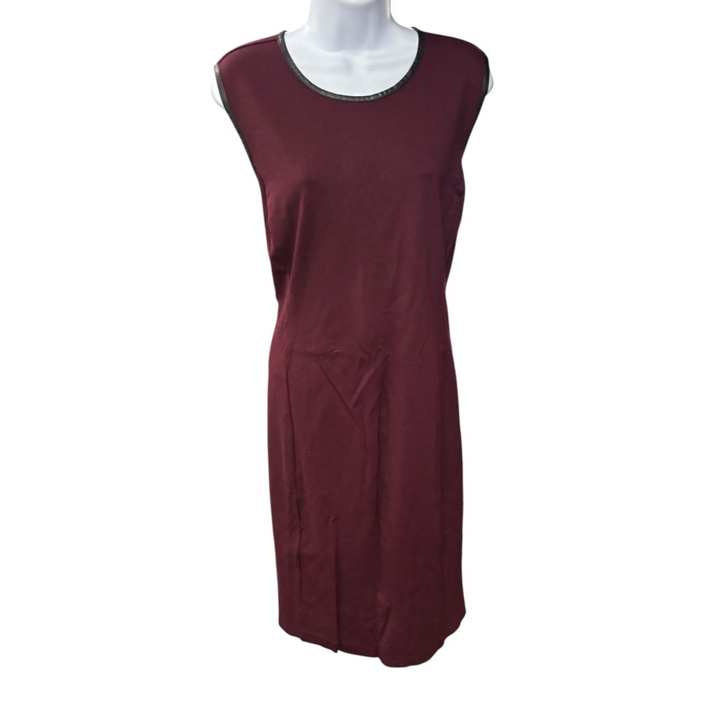 Lauren Ralph Lauren Burgundy Sleeveless Sheath Dress Faux Leather Trim Size‎ L